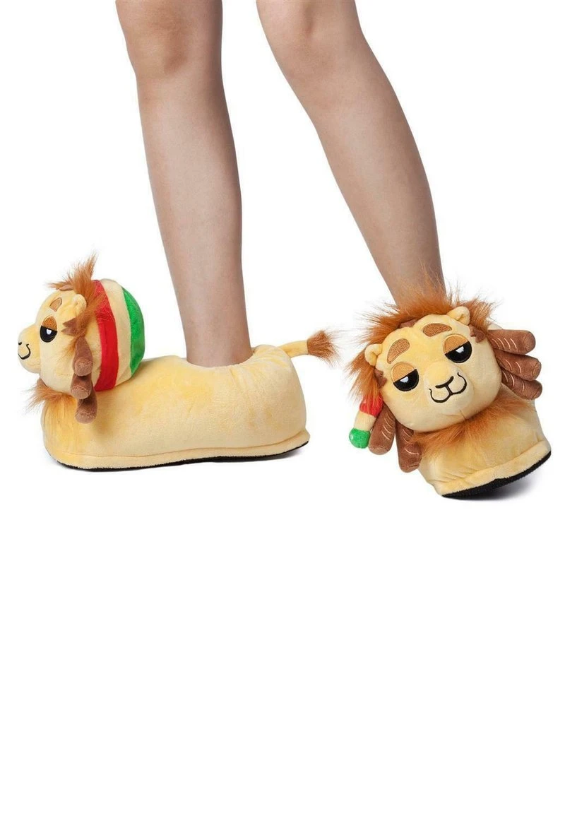 PLÜSCH-TIER-PANTOFFELN - Hausschuh - "benji" Der Rasta Löwe (gelb Braun)